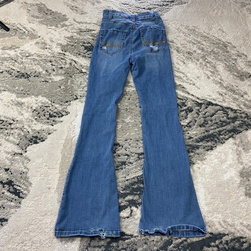 Y2K Indigo Rein Bootcut Flared Jeans Sz 1/24 Blue Whiskering Denim Distressed - Picture 2 of 7